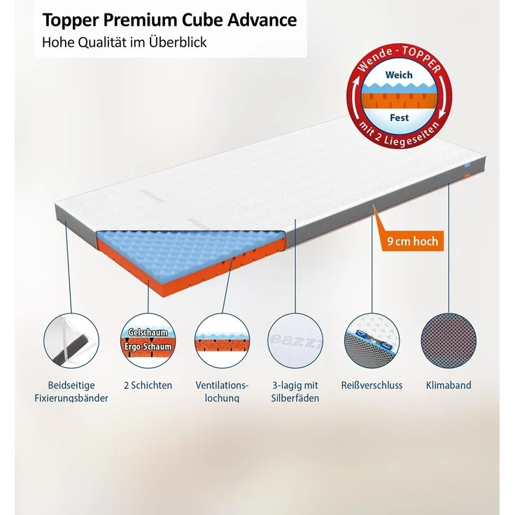 Genius, Topper Eazzzy Topper Premium Cube Advance, 9 cm hoch, (1-tlg), Temperaturausgleich, 180x200 cm 140x200 cm und weitere Größen – Bild 3
