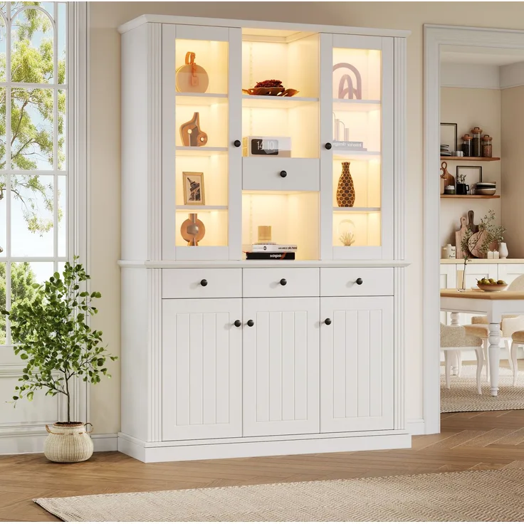 DESVIAE Vitrine Weiß aus MDF/gehärtetem Glas – 119,5x180x40 cm – 4 Schubladen, LED-Beleuchtung