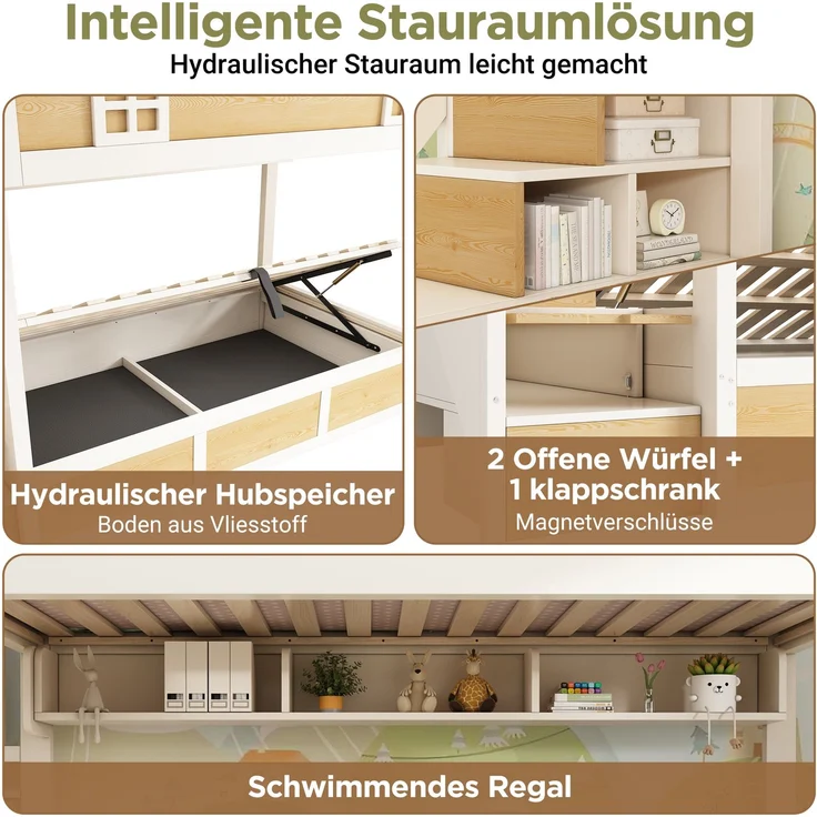 Merax Etagenbett 90x200 cm Kinderbett, Jugendbett, mit Treppenschrank und Stauraum, Doppelstockbett in Weiß und Natur mit Sicherheitsgeländer und Lattenrost, platzsparendes Bett – Bild 7