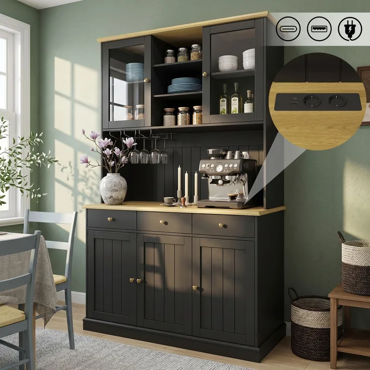 Buffetschränke, Esszimmer-Hochschrank 120×40×191 cm, mit Glastüren, Gläserhalter, mehrstufigem Stauraum, integrierter Steckdose sowie USB-C- und USB-A-Anschlüssen, Schwarze und goldene Griffe--Schwarz--120x40x191cm--YOUDENOVA