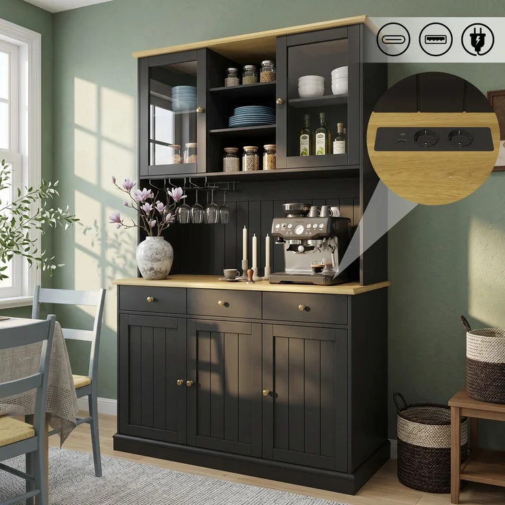 Buffetschränke, Esszimmer-Hochschrank 120×40×191 cm, mit Glastüren, Gläserhalter, mehrstufigem Stauraum, integrierter Steckdose sowie USB-C- und USB-A-Anschlüssen, Schwarze und goldene Griffe--Schwarz--120x40x191cm--YOUDENOVA – Bild 1