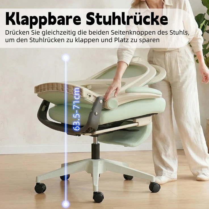 Faumrta Klappbarer ergonomischer Bürostuhl, kleiner Raumklappstuhl mit Taillenstütze, Schwammsitzkissen, klappbare Armlehnen, 3D-Kopfstützen und Bürostuhl mit Arbeitspedalen,greenFoam62cm*48.5cm*129cmGrün – Bild 8