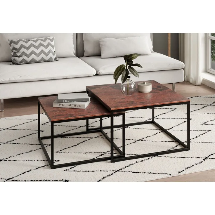 Home Collective Couchtisch Kleiner 2er Set aus Holz, Wohnzimmertisch Modern (Beistelltisch Set 2 in 1 mit Metallgestell, Büro Beistelltisch Loft Design TWIN, kratzfeste Oberfläche, Set 2 in 1), Quadratisch in Eiche dunkel, für Wohnzimmer