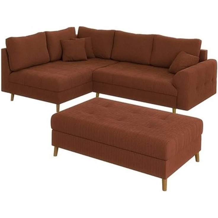S-Style Möbel Ecksofa und Hocker Zara mit Schlaffunktion und Braun Holzfüßen aus Cord-Stoff, Ottomane links oder rechts bestellbar. Schlaffunktion in Kombination mit Hocker möglich, mit Wellenfederung – Bild 4