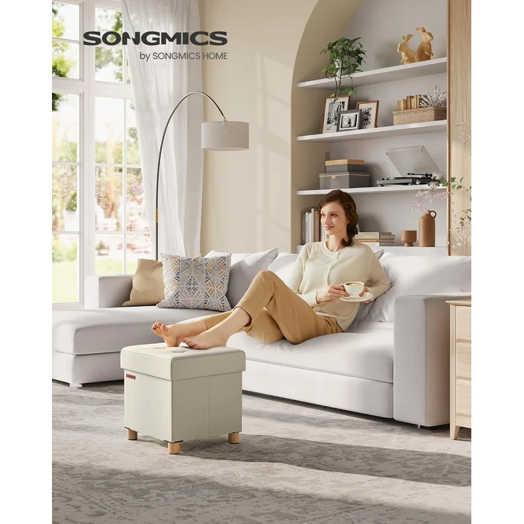 Songmics Sitzhocker mit Stauraum, kleine klappbare Sitzbank, 38x38 cm Fußbank, Aufbewahrungsbox, bis 300 kg belastbar, für Wohnzimmer Schlafzimmer Schlafsaal, Cremeweiß – Bild 2