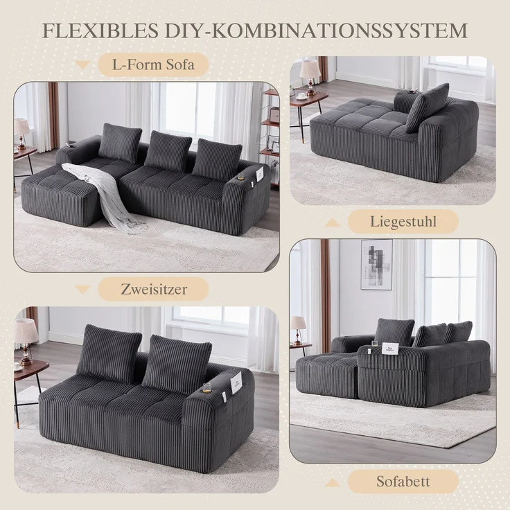 LVHOM Ecksofa 3 sitzer, Bodensofa mit Seitentaschen und Getränkehalter, Polstersofa aus Cordstoff, frei Kombination, Modulares Chaiselongue-Sofa-Set, 253x158x61 cm – Bild 3