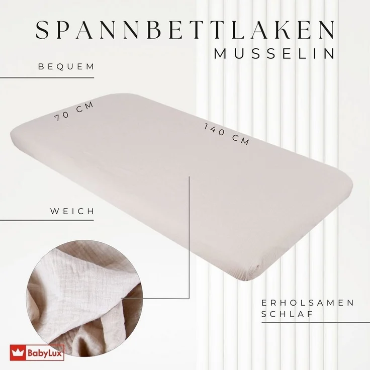 BabyLux Spannbettlaken BabyLux Spannbettlaken Musselin 60x120 70x140 Baby-& Kinderbett, Beige 70x140 – Bild 3