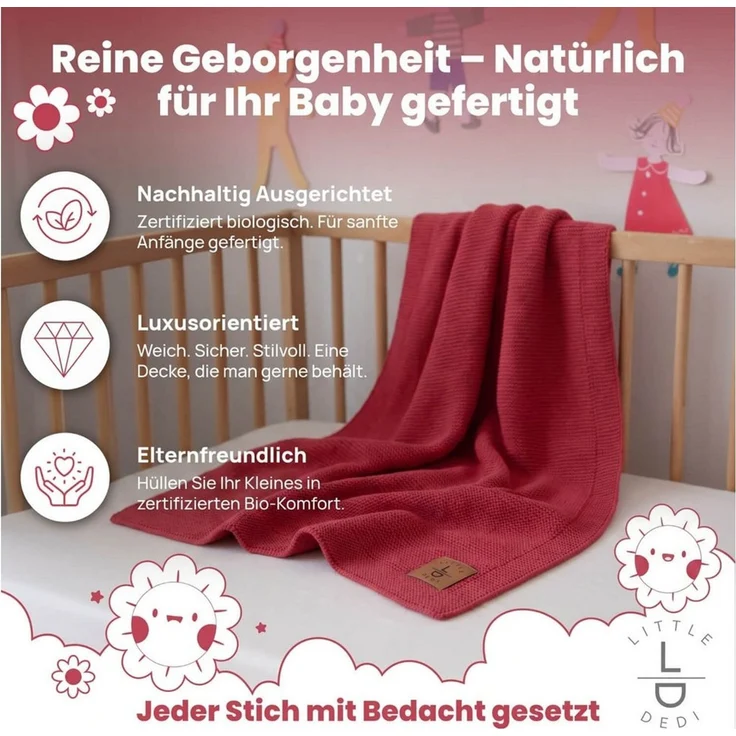 Babydecke Baby Strickdecke, %100 Bio Baumwolle, Atmungsaktiv, 80x100cm, Rot, Little Dedi – Bild 2