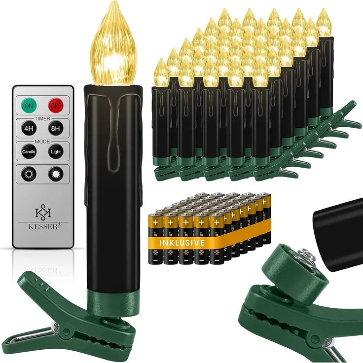 KESSER® Weihnachtsbaumkerzen 20 LED Inkl. Batterien Kabellos - Warmweiß - mit Fernbedienung Funk - Timerfunktion - Flackern - Dimmbar Weihnachtskerzen Christbaumkerzen Befestigungsklammern Kerzen Schwarz, 30 LED's