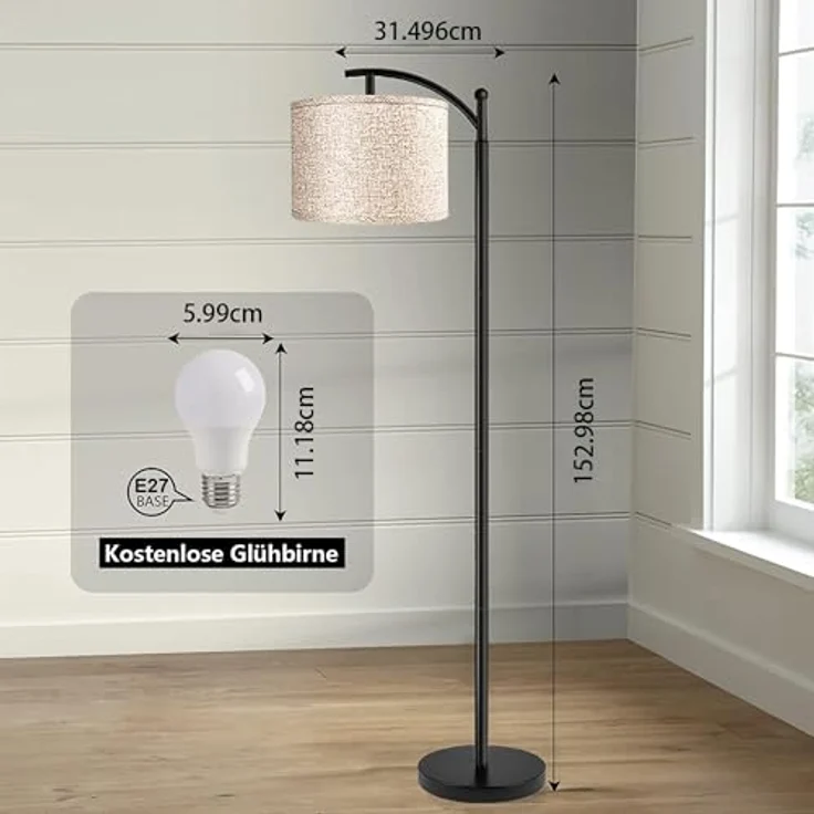 ROTTOGOON Stehlampe für Wohnzimmer mit 3 Farbtemperaturen LED Glühbirne Stehlampen Hoch Industrielle Stehlampe Lesen für Schlafzimmer Büro (9W LED-Glühbirne Beige Lampenschirm enthalten) Schwarz – Bild 4