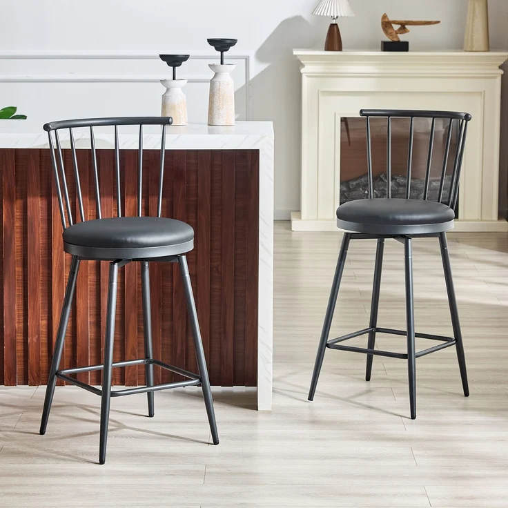 Barhocker 96x39x39 cm im 1er-Set, Windsor-Rücken, gepolsterter PU-Sitz, Schwarz – Bild 2