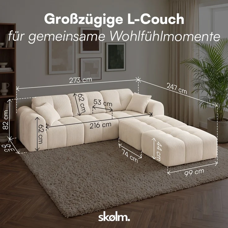 skølm 'Vanaheim' Sofa 3 Sitzer mit 2 Hocker & 2 Kissen, Cloud Sofa beige, Cord, Vollschaumcouch mit Federkern und Vakuum-Kompression, kein Aufbau erforderlich – Bild 8