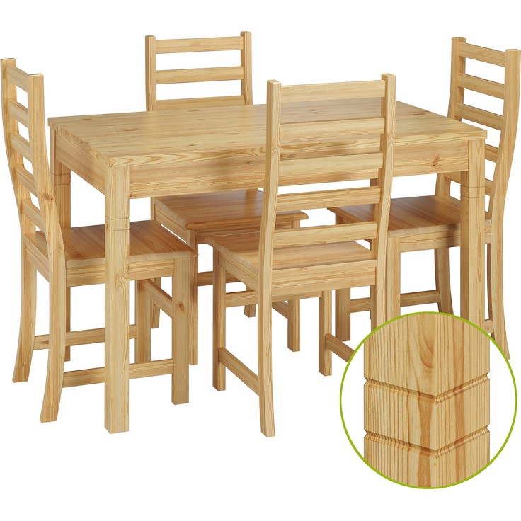 Schöne Essgruppe mit Tisch und 4 Stühle Kiefer Massivholz natur 90.70-51 B-Set 21