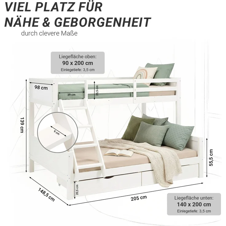 Etagenbett 90x200 und 140x200 Kinder mit 2 Matratzen und 2 Bettkästen Weiß Holz Doppelstockbett Jugendbett Hochbett Stockbett – Bild 3