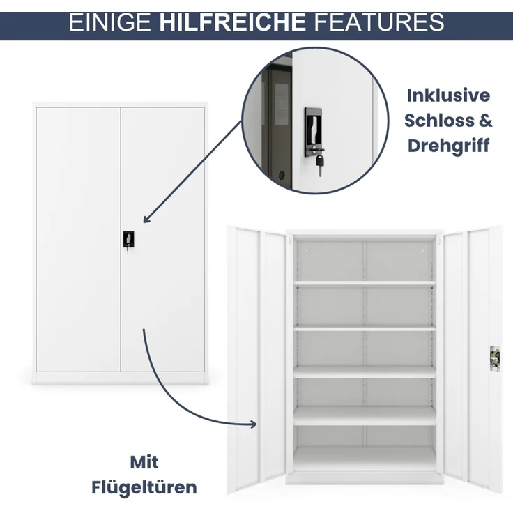 Aktenschrank abschließbar KADO - 5 Ebenen verstellbar, Flügeltüren | Metallschrank Werkstatt Mehrzweckschrank Büroschrank aus Stahl Werkzeugschrank, 185 x 115 x 60 cm Weiß – Bild 5