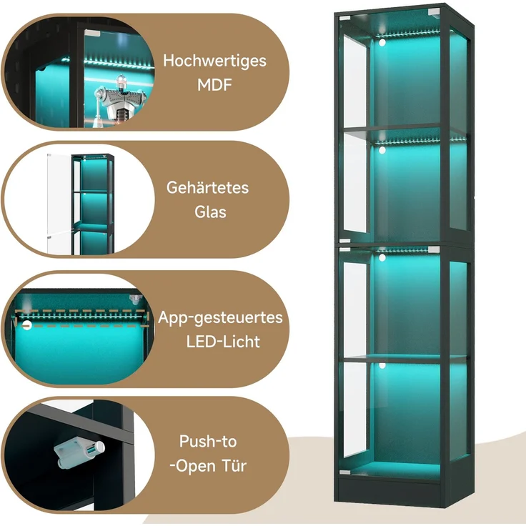 Merax 170 cm Einzeltür LED Vitrine, Gehärtetes Glas Sammlungsvitrine, App-gesteuertes LED-Licht, Vier Etagen Stauraum, Push-to-Open Tür, Schwarz – Bild 6