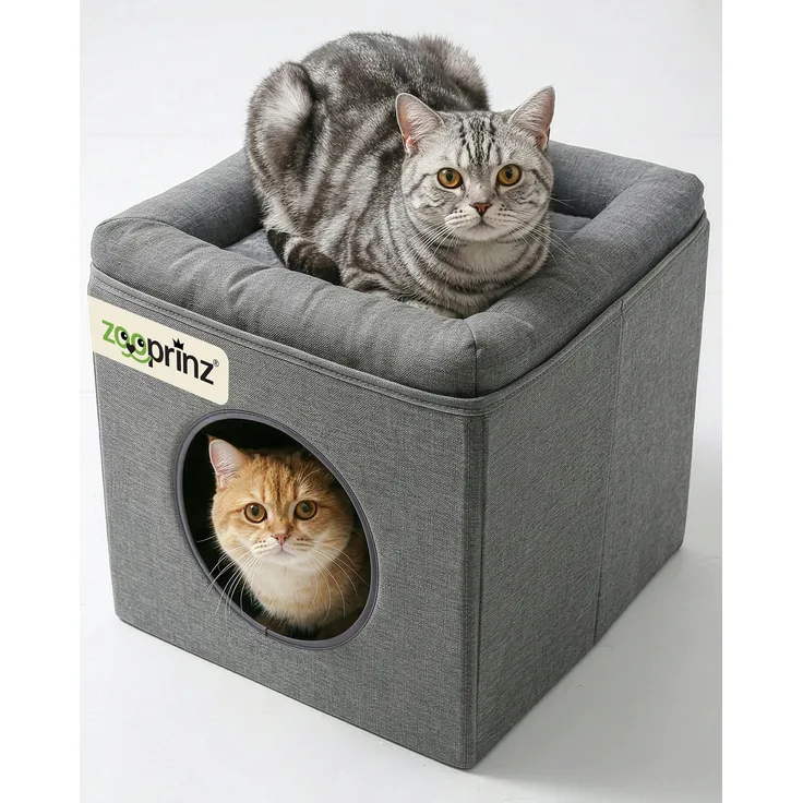 zooprinz Katzenhaus Milo, modernes Indoor-Katzenhaus mit zwei Liegeebenen und Wende-Kissen, grau