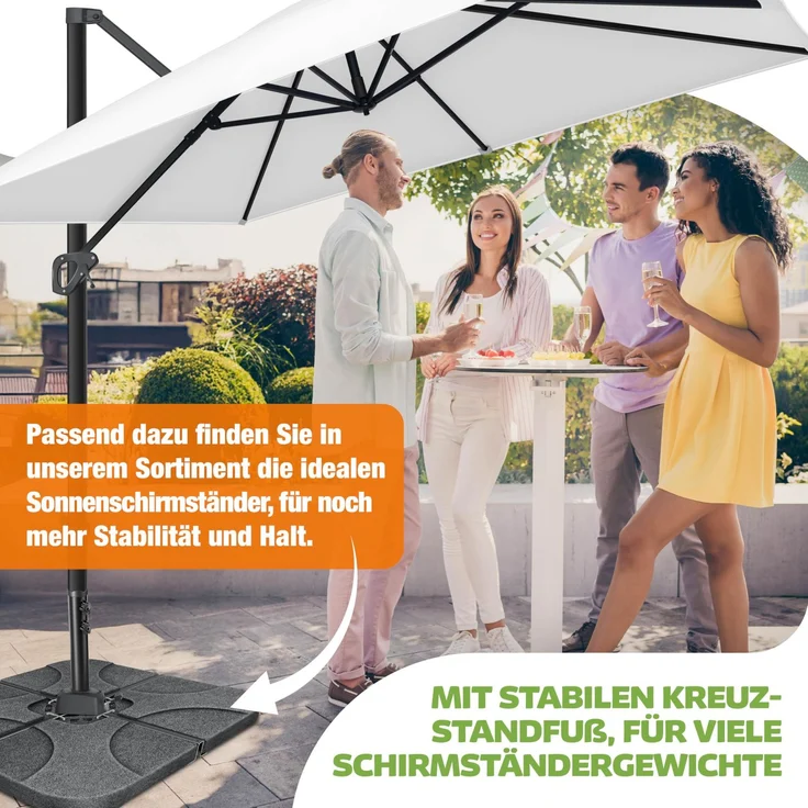 KESSER® Sonnenschirm Ampelschirm SUN XL 300 x 300 cm Inkl. Abdeckung +Windsicherung Drehbar Neigbar Kippbar Marktschirm Groß 360° Rotation, Gartenschirm mit Kurbel Sonnenschutz UV50+ Weiß, Ohne LED – Bild 6