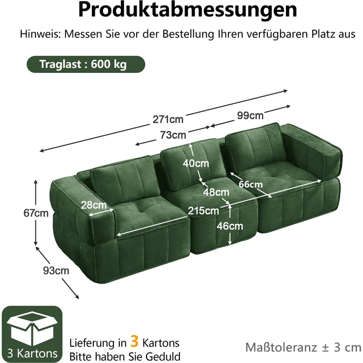 DESVIAE Sofa 3-Sitzer Grün aus Polyester – 271x67x93 cm – modular, rutschfeste Basis – Bild 9