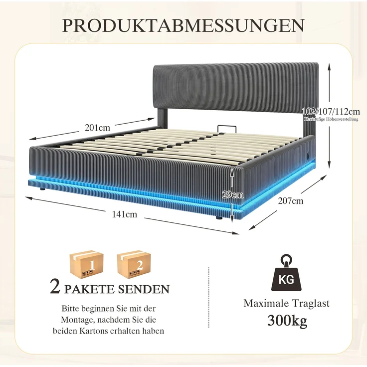 Polsterbett Cord mit LED & USB-Anschluss, 141x207x102-112 cm, Dunkelgrau, ohne Matratze – Bild 9