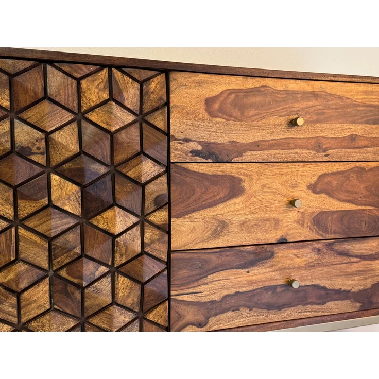 FineBuy Sideboard Sheesham Massivholz 180 cm 2 Türen & 3 Schubladen - Massive Retro Kommode mit Goldfarbenem Metall Gestell - Design Natur Anrichte - Handmade Industrial – Bild 5