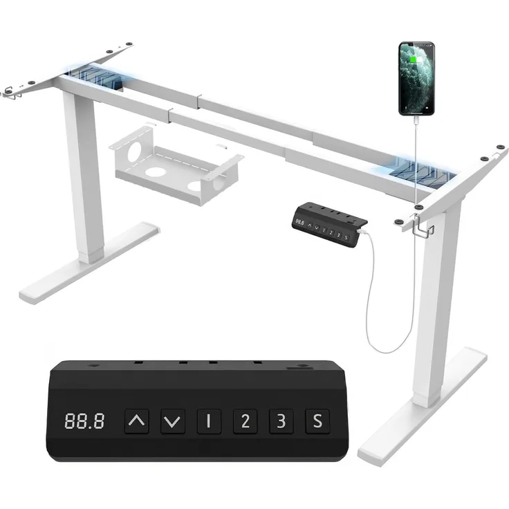 JUMMICO Dual-Motor Tischgestell Höhenverstellbar mit USB-Buchse und Kabelwanne, Elektrisch Höhenverstellbarer Schreibtisch Gestell mit Sitz-Steh-Erinnerungs und Rollen（Weiß）