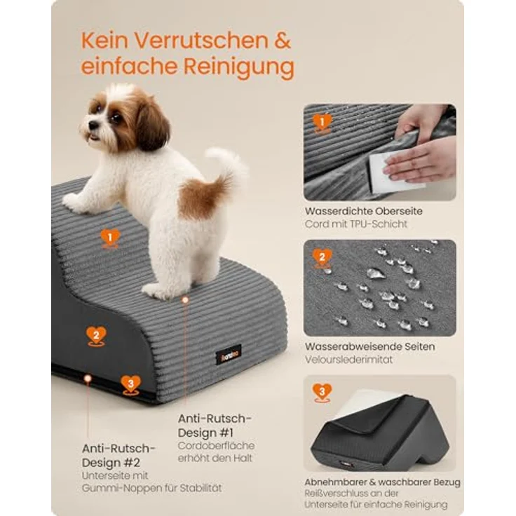Feandrea Hundetreppe, 2 Stufen, Cord mit Querstreifen, Haustiertreppe, für Bett, Sofa, wasserdicht, rutschfest, geringe Neigung, Abnehmbarer waschbarer Bezug, Griff, schiefergrau PPS002GN01 – Bild 6