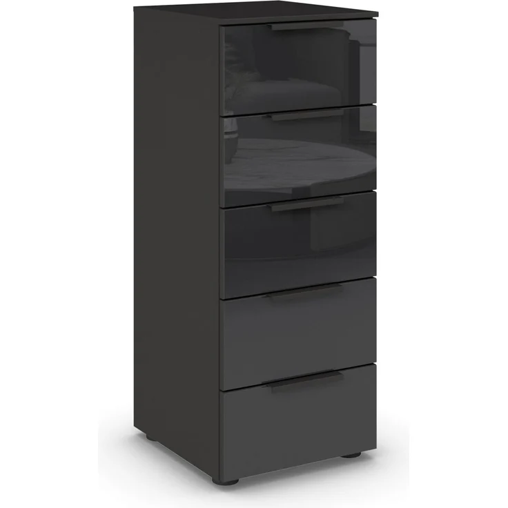 Rauch Möbel Flipp, Kommode für Schlafzimmer, Kinderzimmer, Wohnzimmer, Jugendzimmer, Flur, Garderobe, 5 Schubladen, mit Softclose Funktion, Farbe Front Glas Schwarz, Breite 40 cm