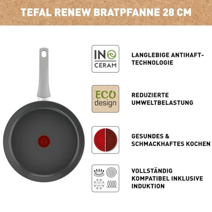 Tefal C42706 Renew On Bratpfanne 28 cm | Keramikversiegelung | umweltfreundlich recycelt | Thermo-Signal für alle Herdarten Induktion | Unbedenklich | Grau – Bild 3