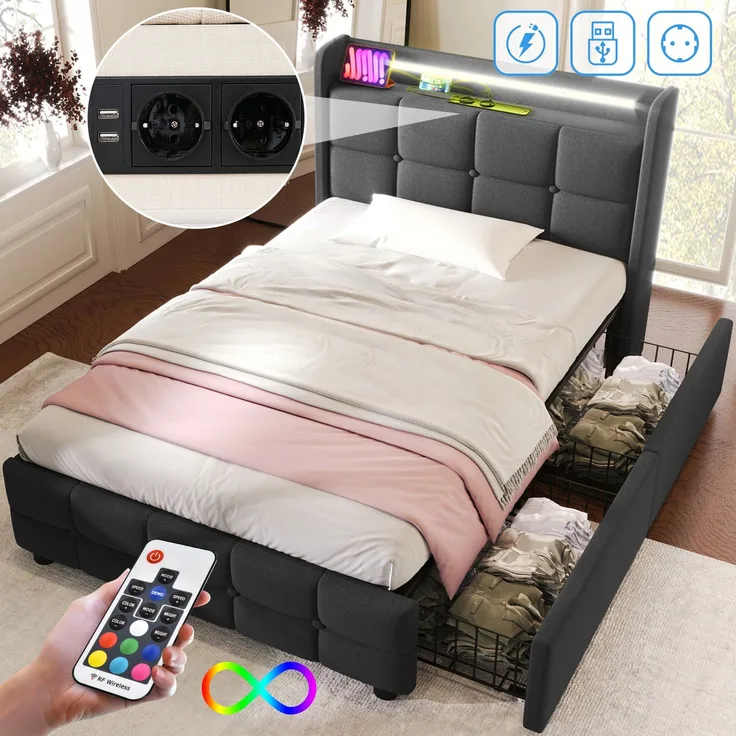 Einzelbett 90 × 200 cm mit Steckdosen,USB-Anschlüssen und LED-Beleuchtung,2 Schubladen,Leinenbezug in Grau