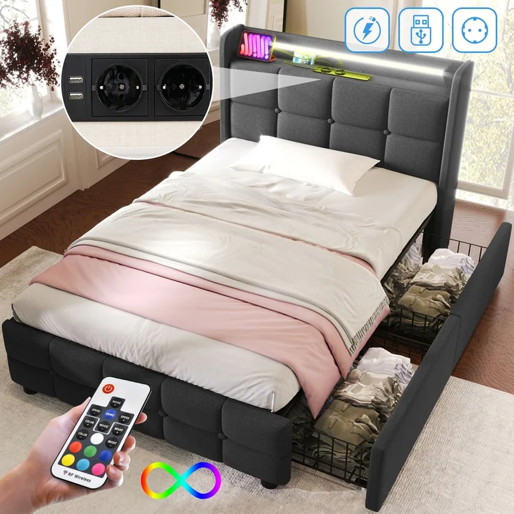 Einzelbett 90 × 200 cm mit Steckdosen,USB-Anschlüssen und LED-Beleuchtung,2 Schubladen,Leinenbezug in Grau – Bild 1