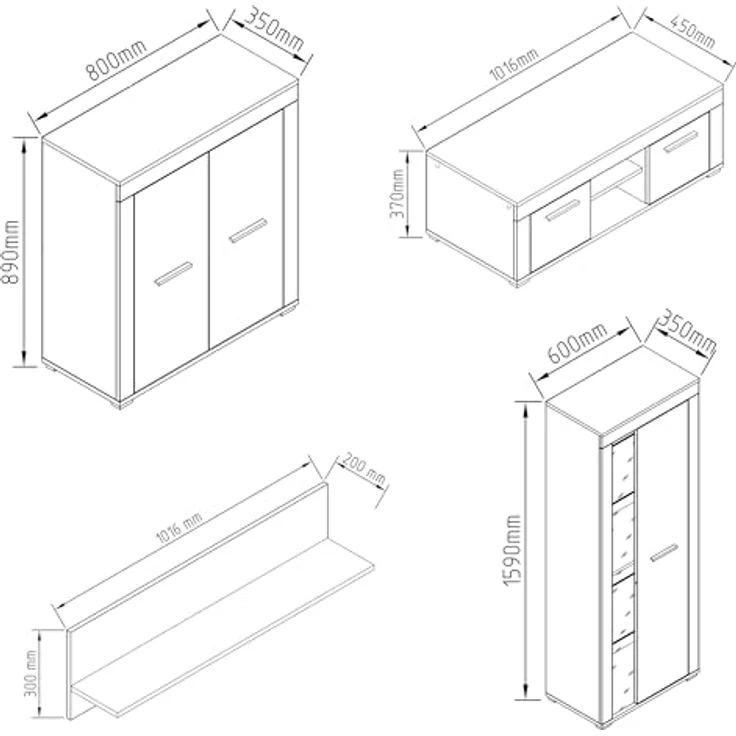 MID.YOU Wohnwand Usilo, Weiß, 4-teilig mit 5 Fächern, stehend und hängend, 242x159x37 cm, Kunststoff – Bild 7
