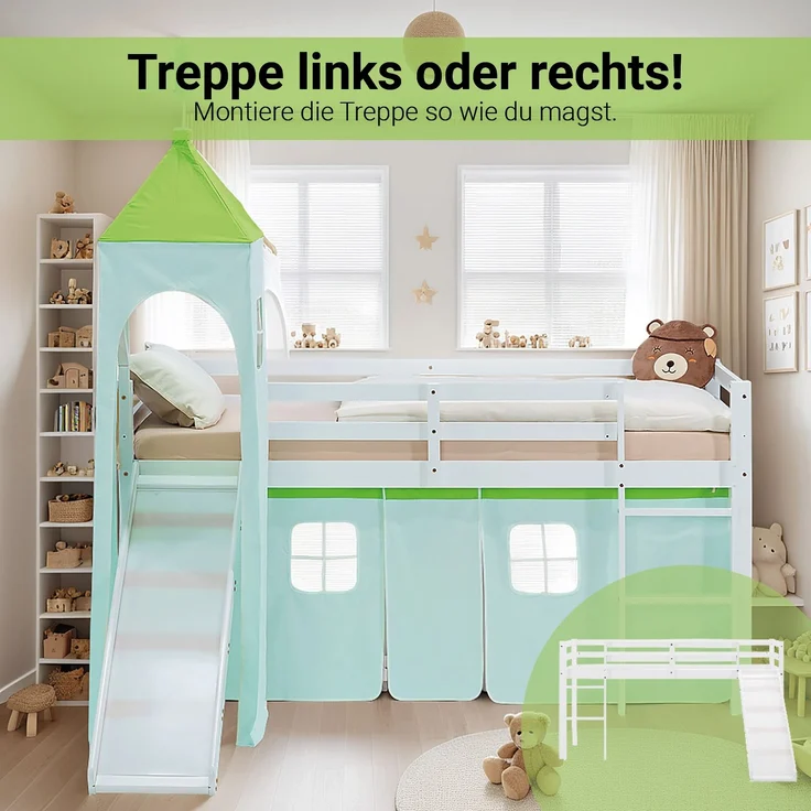 Hochbett Kinder 90x200 cm mit Rutsche Lattenrost Kinderbett Kinderhochbett Stockbett Vorhang Turm Grün – Bild 7