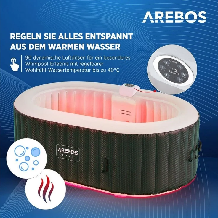 Arebos Whirlpool BALI aufblasbar für 2 Personen mit 90 Massagedüsen, (Komplett-Set, mit LED-Beleuchtung, 190 x 120 cm), für Outdoor & Indoor – Bild 2