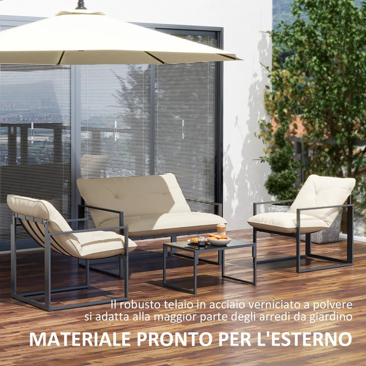 4-teiliges Gartenset mit Sitzbank, 2 Sesseln und Beistelltisch, aus Stahl, Polyester und Baumwolle (PP), beige und grau – Bild 8