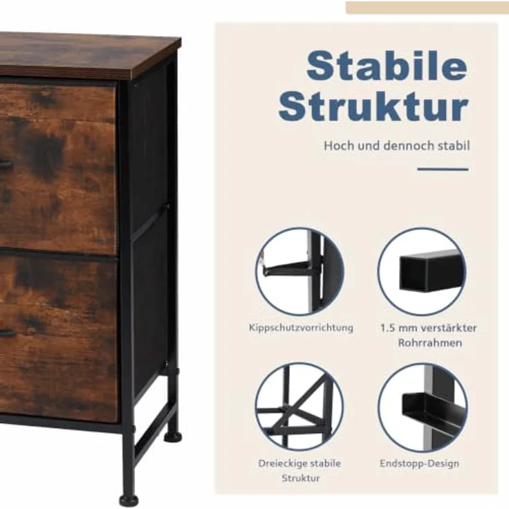 DUMOS Kommode 2er Set für Schlafzimmer mit Stoffschubladen hohe Organizer für Kleidung Schrank Kinderzimmer Aufbewahrungsturm mit Schrank Metallrahmen Holzplatte leichte (Vintagebraun) – Bild 6