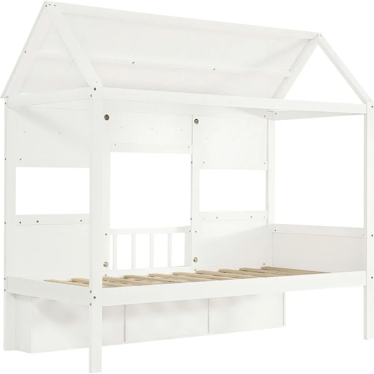 Hausbett mit Bücherregal, Dach und Lattenrost, 90x200 cm, Kinderbett mit Rausfallschutz, Massivholzbett, Kiefer – Bild 9