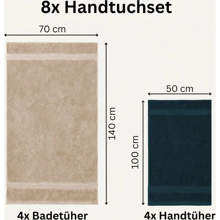 Komfortec Handtuch Set aus 100% Baumwolle, 4 Handtücher 50x100 cm und 4 Badetücher 70x140 cm, Frottee (Packung, 8-St), Duschtücher & Badehandtuch, Weich, Towel, Groß – Bild 3