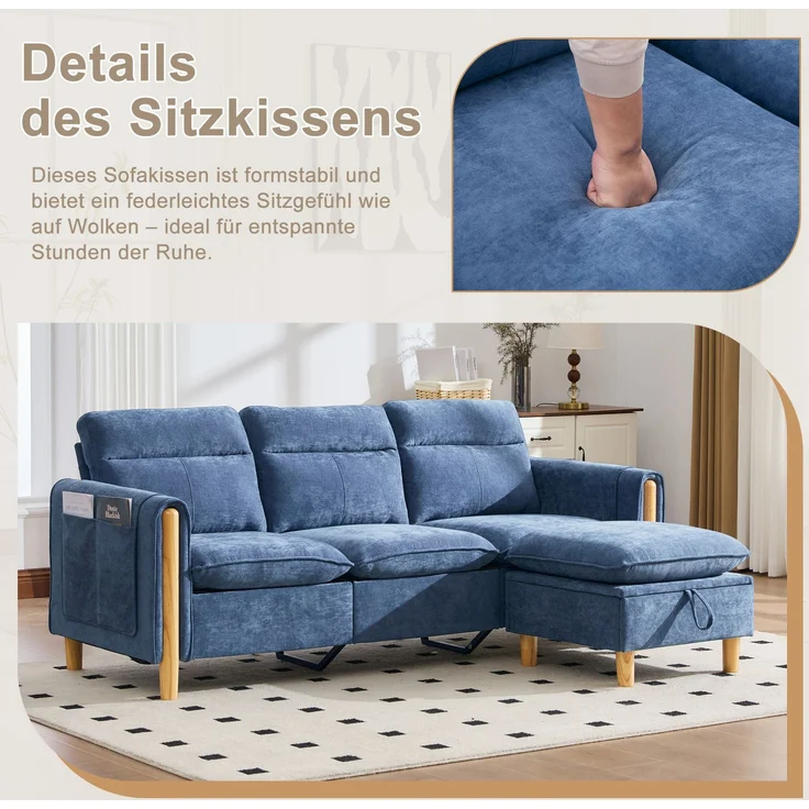 DESVIAE Sofa L-Form mit Stauraumhocker und Seitentaschen 201x77x86 cm Chenille Blau – Bild 8