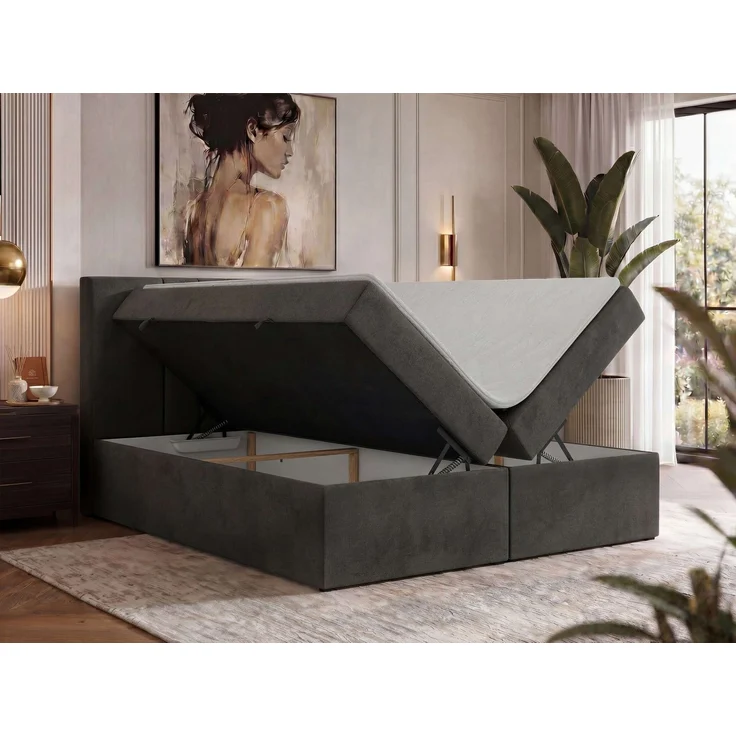 Boxspringbett INERO 140 x 200 mit Matratze H4 und Topper Visco, 7-Zonen-Multipocket-Kern, zwei Bettkästen, Doppelbett, gepolstert Kopfteil - Dunkelgrau Velvet – Bild 4