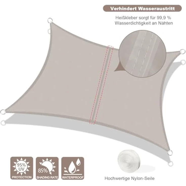 AXT SHADE Sonnensegel Wasserdicht Quadratisch 3x3 m Wetterschutz Sonnenschutz PES Polyester mit UV Schutz für Terrasse Balkon Garten-Taupe – Bild 3
