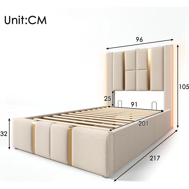 Polsterbett aus Leinen mit LED & USB-Anschluss, Stauraum, 90x200 cm, Beige, ohne Matratze – Bild 10