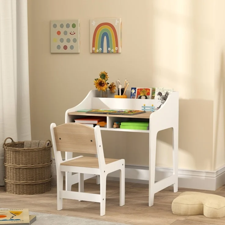 Kinder-Schreibtisch-Set mit Stauraum, offene Fächer, Stuhl, 3-8 Jahre, Holz--Naturholz--60x48x68cm--YOUDENOVA – Bild 2