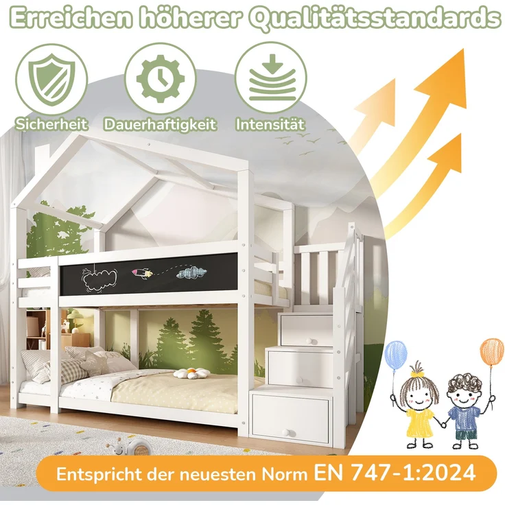 Kinder-Etagenbett "Baumhaus" 97x256x223 cm, Weiß, mit Tafel & Staufachtreppe – Bild 5