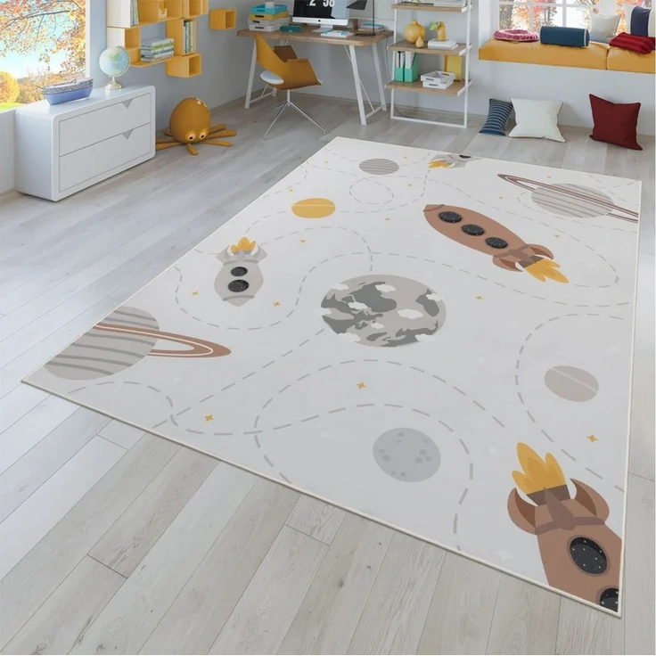 TT Home Teppich Kinderzimmer, Rechteckig, Höhe: 4 mm, Kinderzimmerteppich Teppich Kinderteppich Rutschfest Planeten Sterne R – Bild 2