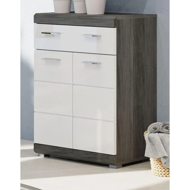 Badezimmer Kommode Shawn in weiß Hochglanz und Rauchsilber grau 74 x 88 cm – Bild 1