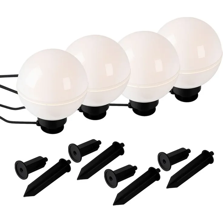 4x Außen Steckleuchten, Kugel, weiß, Erdspieß, Kabel, D 20 cm