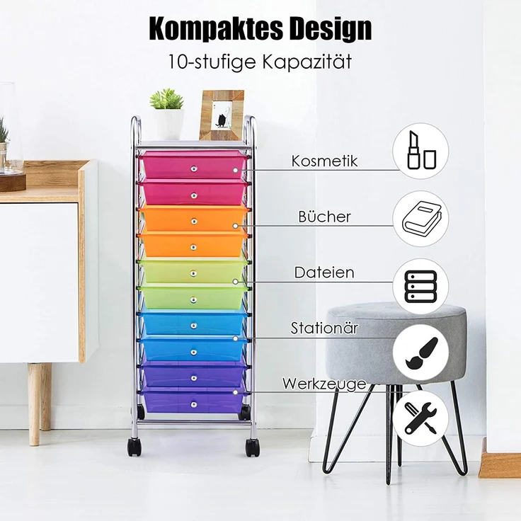 COSTWAY Rollwagen mit Schubladen Rollcontainer Badrollwagen Badtrolley Badregal Beistellwagen mit 10 stapelbaren Schubladen Metallgestell Bunt – Bild 6