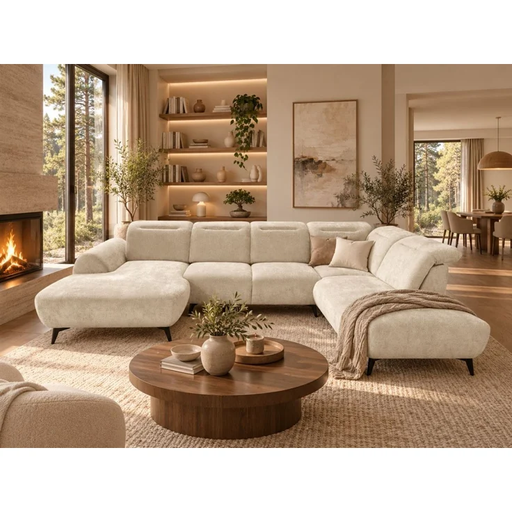 Wohnlandschaft Sofa U-Form ALETTE in Stoff Doha Creme Lange Schenkel Rechts – Bild 1