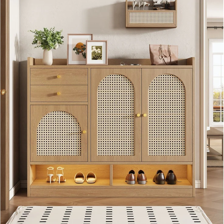 Schuhschrank 120 x 35 x 100 cm mit Rattanfronten, 2 Schubladen und LED-Beleuchtung – Bild 1